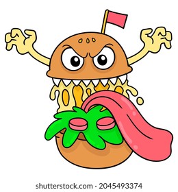 spooky burger monster filled ready to fill your stomach, vector illustration art. doodle icon image kawaii.