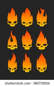 Spooky burning human skulls logos collection.  Evil flaming dead heads badges. Vector scary fire skulls set. Nice badges or stickers for halloween decoration.