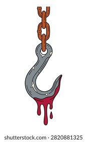 Spooky butcher hook with dripping blood, gruesome Halloween prop, dark horror imagery, scary object.