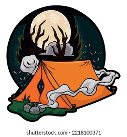 Spooky camping scene with scared person inside the tent, smoke from extinct campfire, forest with pines, dead trunks and scary ghosts in a full moon night.