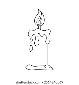 Spooky Candle with Melting Wax Outline Line Art, Halloween Graphics. Easy Coloring Book Page for Kids.