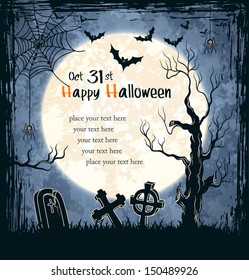 Spooky card for Halloween. Blue background with full moon, tombstones and bats. Vector Illustration.