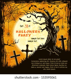 Spooky card for Halloween. Orange background with clumsy tree, full moon, tombstones and bats. Vector Illustration.
