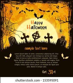 Spooky card for Halloween. Orange background with full moon, tombstones and bats. Vector Illustration.