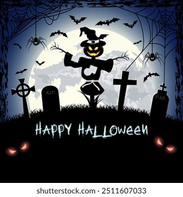 Spooky card for happy Halloween. blue background with full moon, tombstones, Scarecrow, spider and bats. Vector Illustration.