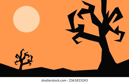 Spooky cartoon background with full moon and trees. vector illustration