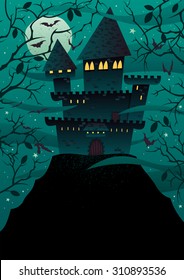Spooky cartoon castle on steep hill with copy space. No transparency used. Basic (linear) gradients.

