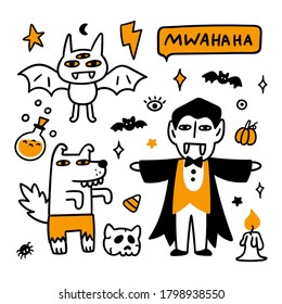 Spooky cartoon characters: vampire, werewolf and three-eyed bat. Beautiful print for Halloween. Graphic vector illustration.