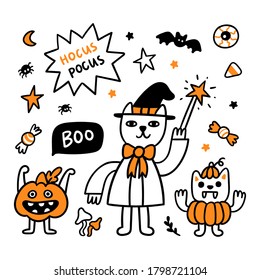 Spooky cartoon characters: wizard cat, scary pumpkin and vampire cat in a pumpkin costume. Beautiful print for Halloween. Graphic vector illustration.