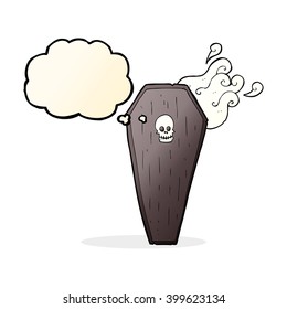 spooky cartoon coffin with thought bubble
