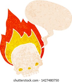 spooky cartoon flaming skull with speech bubble in grunge distressed retro textured style