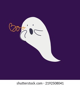 Spooky cartoon ghost with Boo lettering, isolated on purple background. Funny hand drawn childish illustration of poltergeist for Halloween.