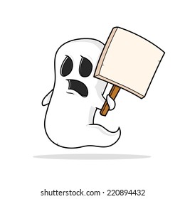 Spooky cartoon ghost holding blank sign vector illustration