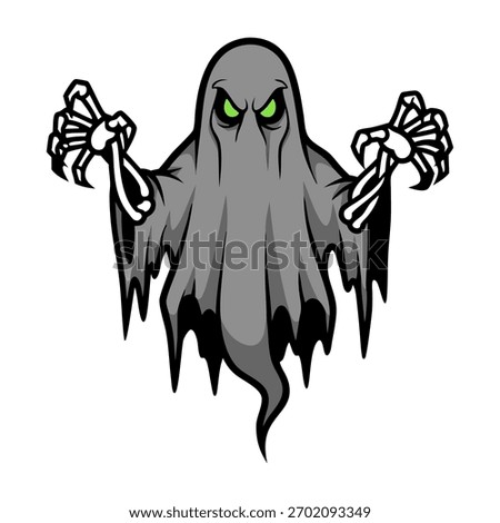 A spooky cartoon ghost with skeletal hands reaching out, glowing green eyes, and a tattered gray sheet.