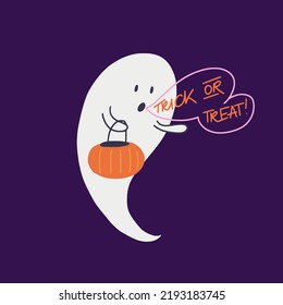 Spooky cartoon halloween ghost with speech bubble and Trick Or Treat inscription, isolated on purple background. Hand drawn childish illustration.