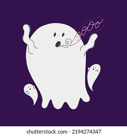 Spooky cartoon halloween ghosts with speech bubble and Boo inscription, isolated on purple background. Hand drawn childish illustration.