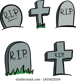 Spooky Cartoon Halloween R.I.P. Gravestones And Crosses Illustration