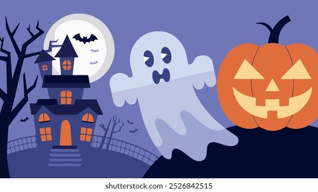 Spooky Cartoon Halloween Scene with Haunted House, Ghost, and Pumpkin