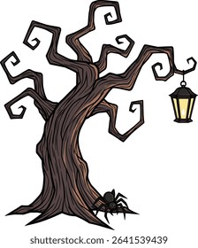 Spooky Cartoon Halloween Tree with Lantern and Spider Illustration for Creative Projects