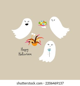 Spooky cartoon illustration with cute ghosts. Halloween card, poster or t-shirt design print.