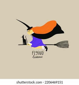 Spooky cartoon illustration with cute witch and black cat flying on a broom. Halloween card, poster or t-shirt design print.
