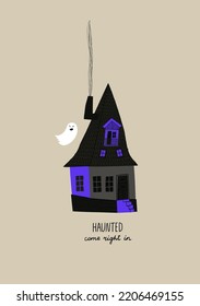 Spooky cartoon illustration with haunted house and lettering phrase. Halloween card, poster or t-shirt design print.