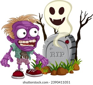 A spooky cartoon illustration of a zombie coming face-to-face with a ghost at a tombstone