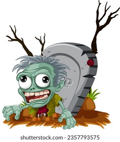 A spooky cartoon illustration of a zombie rising from a graveyard