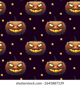 Spooky cartoon pumpkin pattern with grinning faces on a dark background for Halloween themes