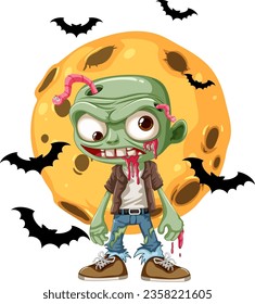 A spooky cartoon scene featuring a zombie, a big moon, and a flying bat