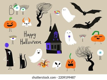 Spooky Cartoon Set Of Halloween Illustrations. Ghost, Haunted House, Pumpkin, Tree Monster, Bat, Pumpkin And Skull.