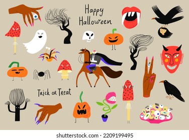 Spooky cartoon set of Halloween illustrations. Ghost, witch hand, headless horseman, pumpkin, tree monster, spider, skull and demon.