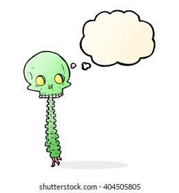 spooky cartoon skull and spine with thought bubble