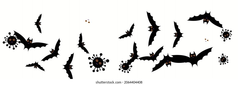 Spooky Cartoon White Scary Gothic Background. Vampire Fear Funny Black Grey Backdrop. Dracula Horror Party Virus Faces Bats. Creepy Purple Corona Mysterious Vaccination Covid Halloween Design.