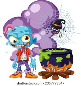 A spooky cartoon zombie cooking a potion with a spider