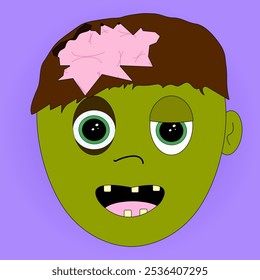 Spooky cartoon zombie face illustration with brain exposed. Perfect for Halloween designs, decorations, and childrens Halloween activities.