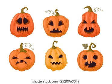 Espeluznantes caras de calabaza talladas. Calabazas de Halloween de dibujos animados, calabazas de vacaciones jack-o-lantern decoraciones conjunto de Ilustración vectorial plana. Caras de fantasma de calabaza de Halloween