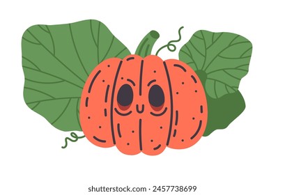 Spooky carved pumpkin. Halloween holidays vegetables, cute pumpkin jack-o-lantern with scary face flat vector illustration. Hand drawn Halloween pumpkin on white