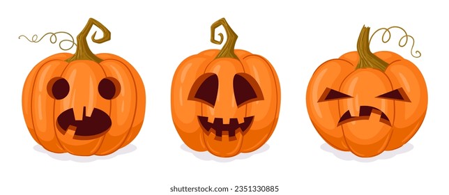Spooky carved pumpkins faces. Cartoon halloween pumpkin decorations, orange gourd jack-o-lanterns flat vector illustration set. Holidays pumpkins characters