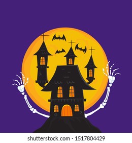Spooky Castle with Bats Halloween, illustration vector cartoon
