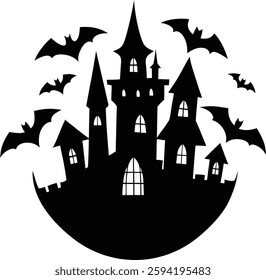 A spooky castle with bats silhouette vector illustration, perfect for Halloween designs, haunted themes, and eerie decorations. 