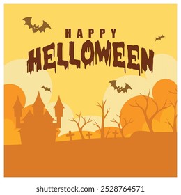 Spooky castle, flying bats, and a horror tree. Merry Halloween party. Halloween concept. Flat vector illustration.