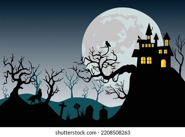 Spooky castle at full moon vector illustration