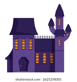 Spooky castle with glowing windows is standing under the night sky