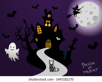 Spooky Castle Halloween poster, cartoon background for greetings and party invitation cards, posters, postcards. Graphic vector illustration, with cute characters and symbols for your design