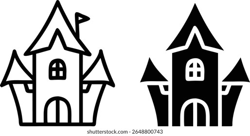 Conjunto de Ícones de Castelo Assustador, Casa Assombrada de Halloween Silhueta Vetor Ilustração