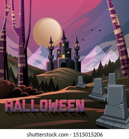 Spooky Castle In Jungle Forest  With Graves