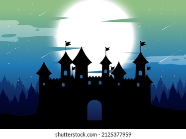 Spooky castle night background with full moon illustration