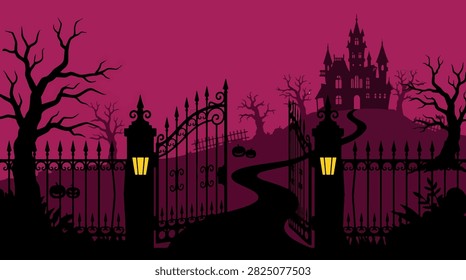 Spooky castle on a hill behind large iron gates with glowing lanterns and pumpkins in dark purple scenery for halloween