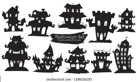 Spooky castle silhouette collection of Halloween vector isolated on white background. scary, haunted and creepy home element